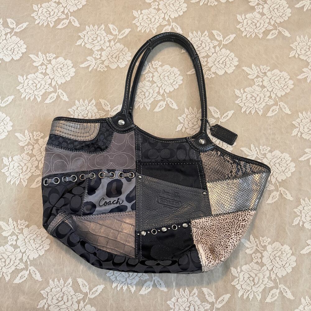 Coach Patchwork Signature Tote Bag Black Gray